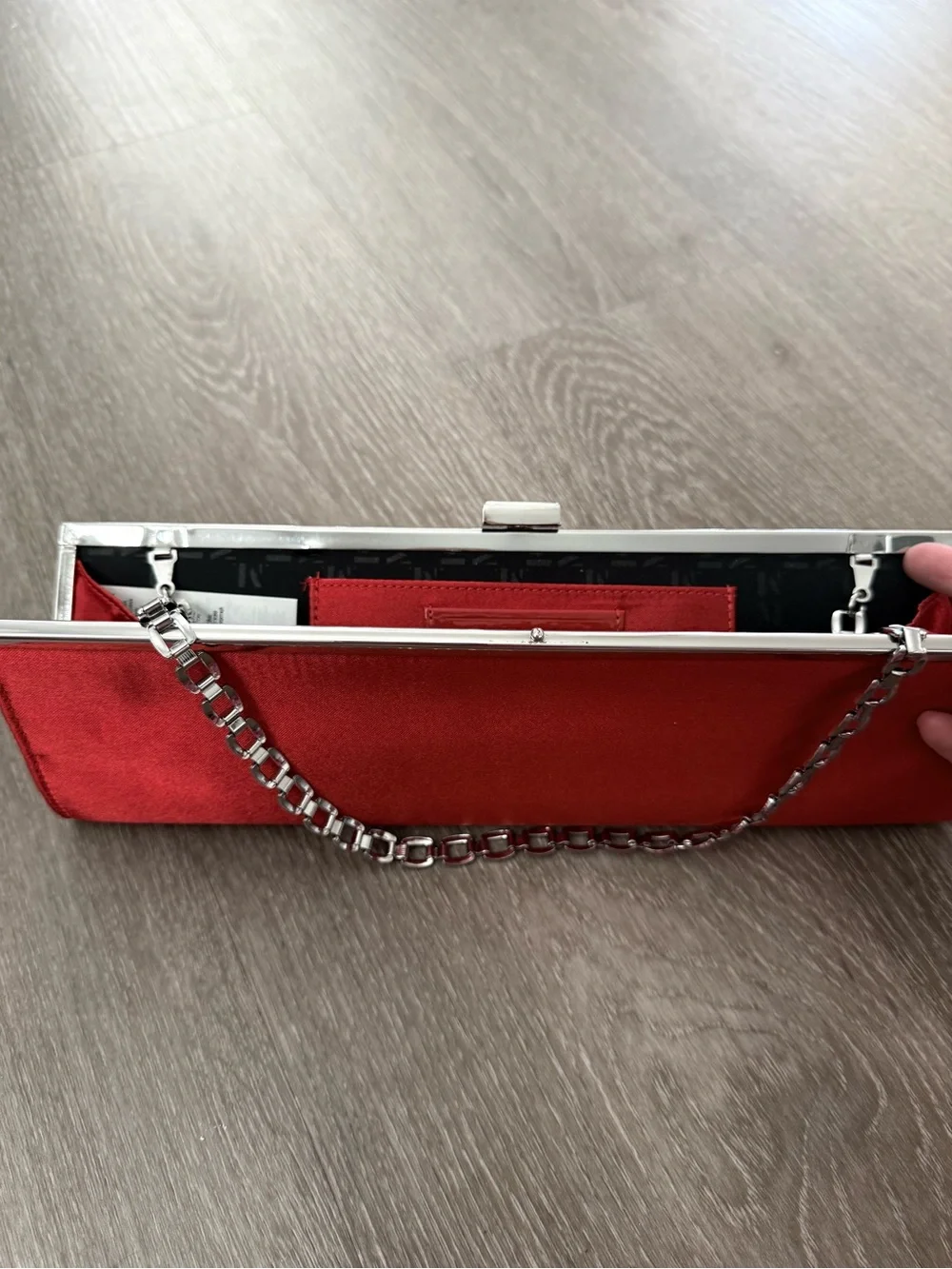 Mango Red Satin Clutch with Silver Chain Handle